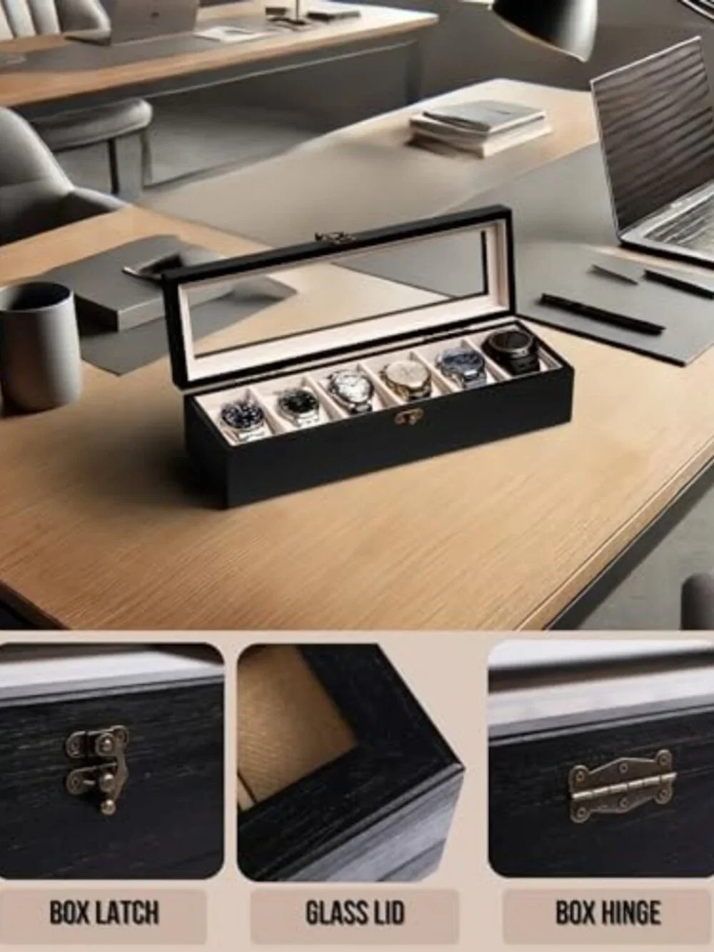 Stylish Wooden Watch Box Organizer with Glass Lid, 6-Slot Storage for Men